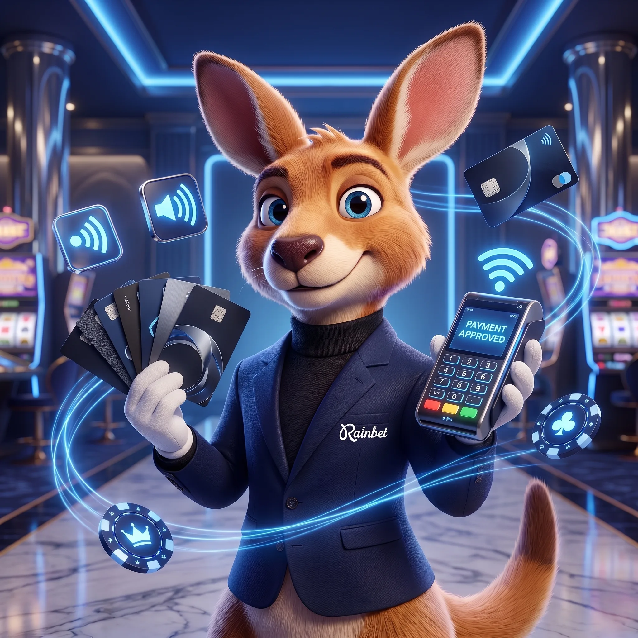 Rainbet kangaroo holding payment cards and a payment terminal