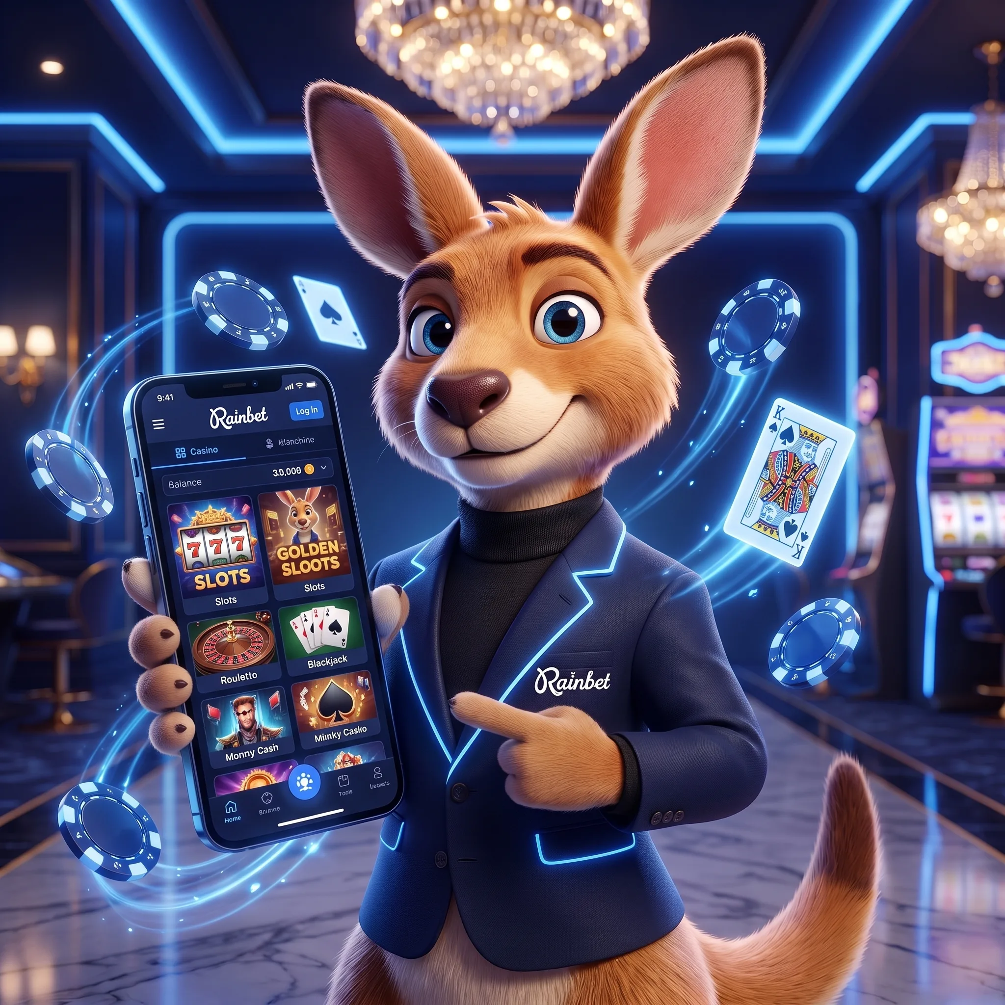 Rainbet kangaroo holding a phone with the casino lobby