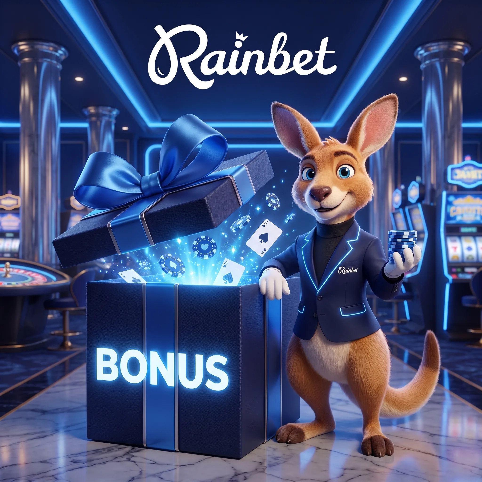 Rainbet kangaroo beside a bonus gift